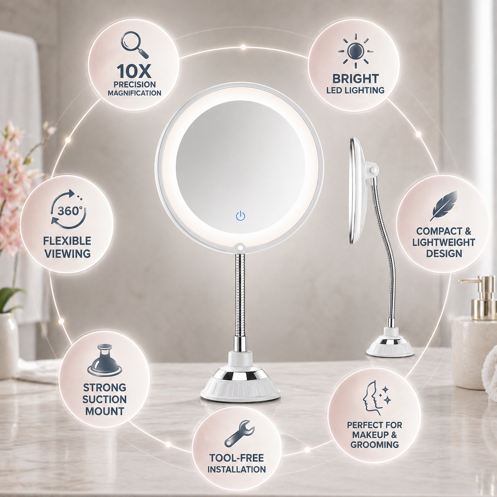 Lighted Magnifying Makeup Mirror with Flexible Gooseneck Suction Mount and 10x LED Light - Image 3