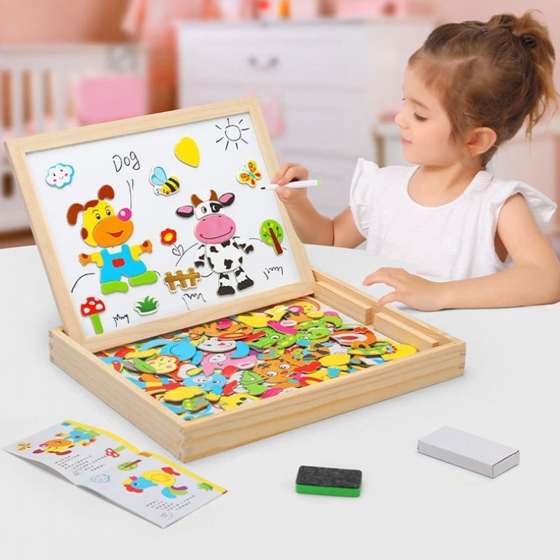 Magnetic Puzzle Board with Double-Sided Easel Whiteboard and Chalkboard Drawing Surface - Image 1