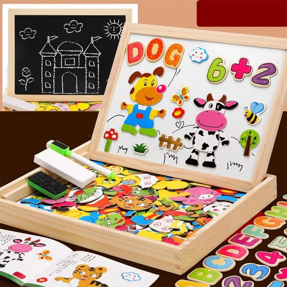 Magnetic Puzzle Board with Double-Sided Easel Whiteboard and Chalkboard Drawing Surface - Image 2