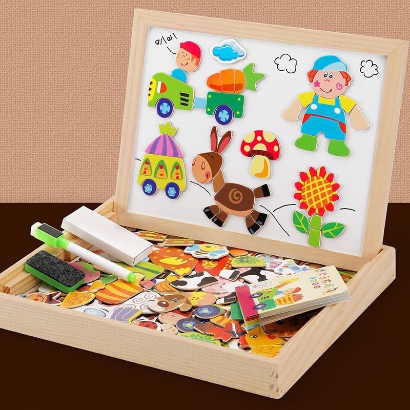 Magnetic Puzzle Board with Double-Sided Easel Whiteboard and Chalkboard Drawing Surface - Image 4