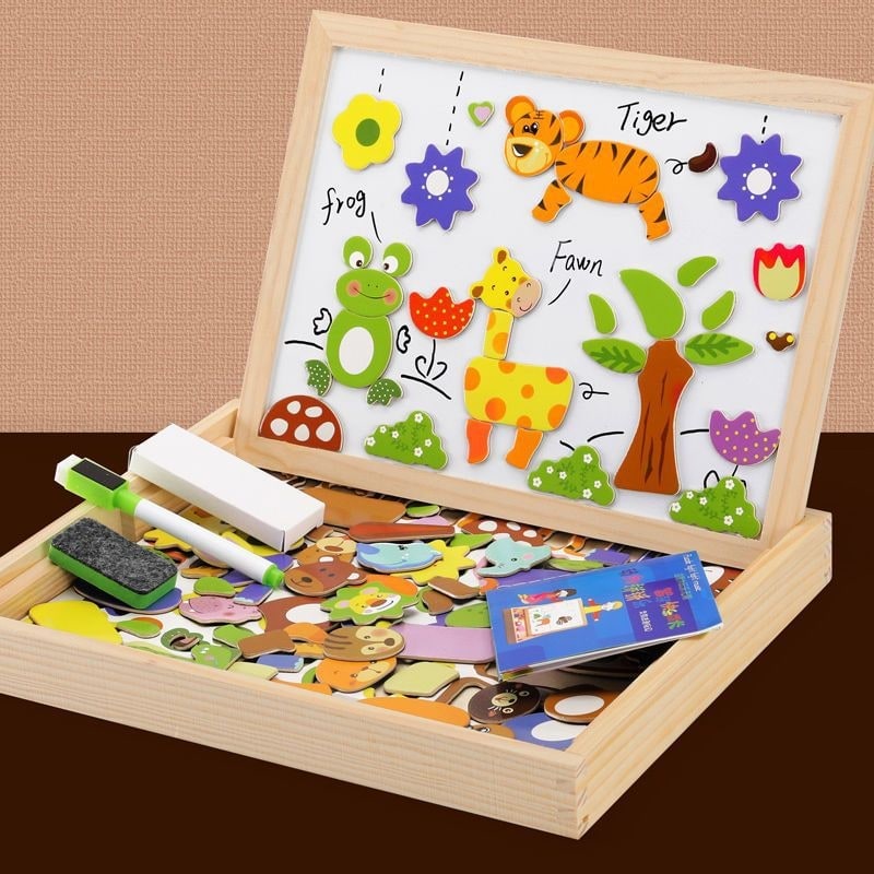 Magnetic Puzzle Board with Double-Sided Easel Whiteboard and Chalkboard Drawing Surface - Image 5