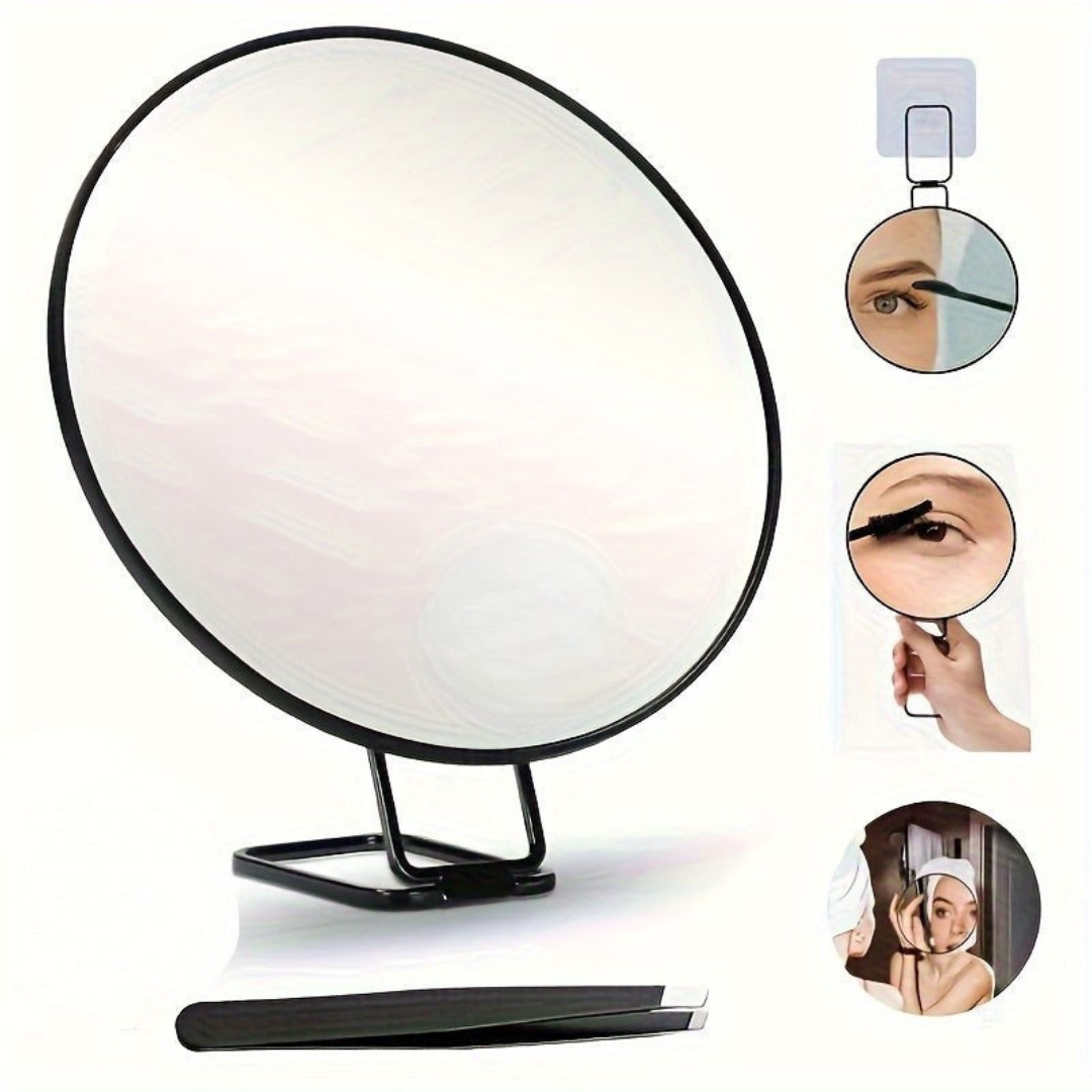 Magnifying Makeup Mirror with Foldable Stand and Tweezers for Tabletop or Wall Mount - Image 1