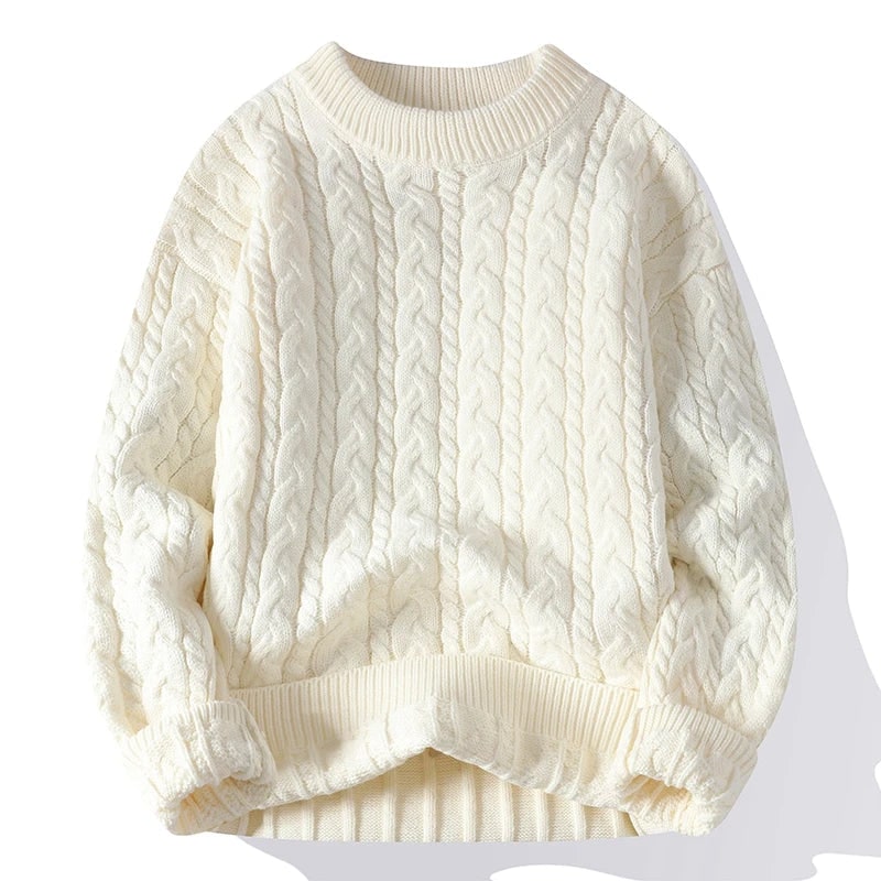 Men's Cable Knit Pullover Sweater with Chunky Pattern and Ribbed Cuffs - Image 1