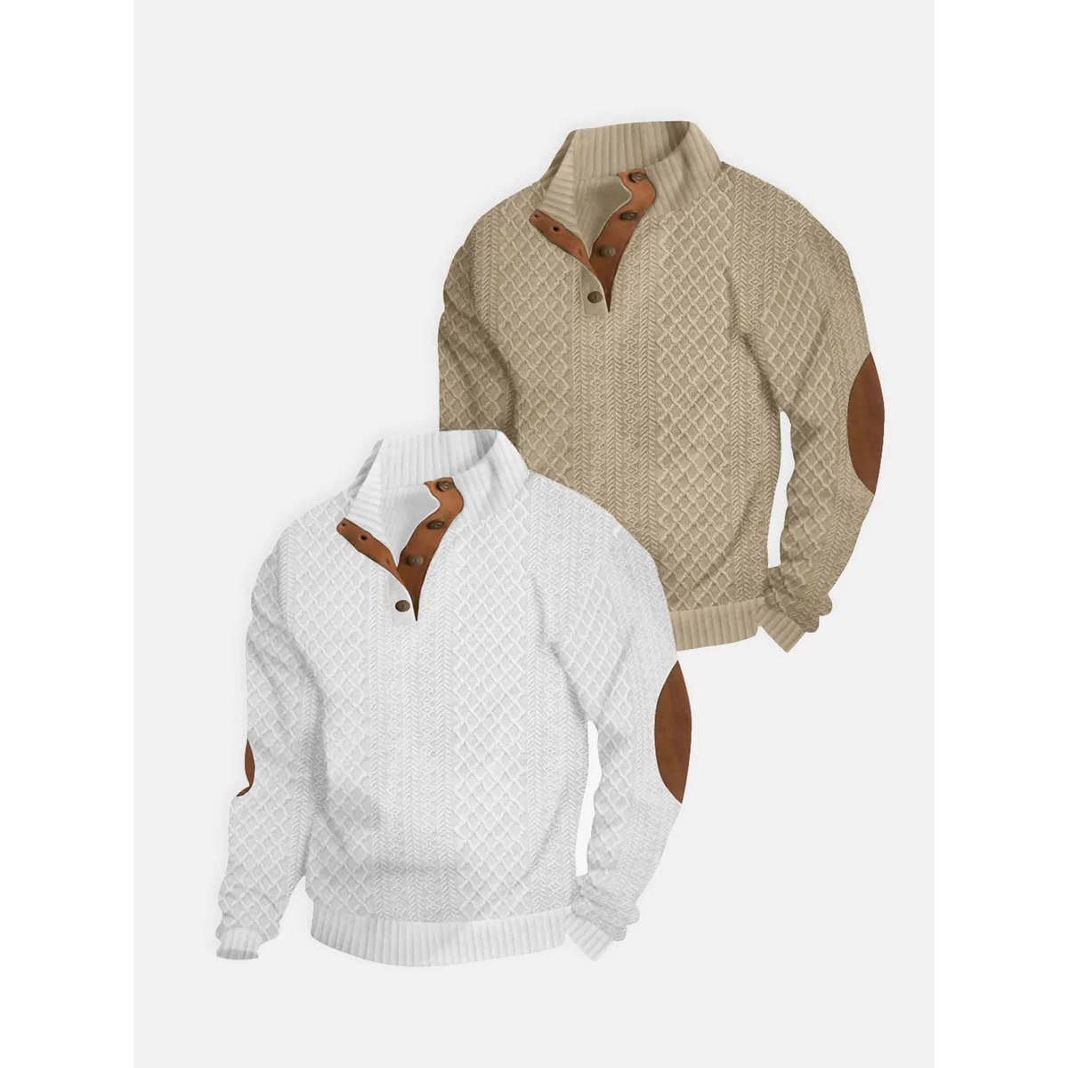 Men's Cable Knit Pullover Sweater with Quarter Button and Elbow Patches - Image 13