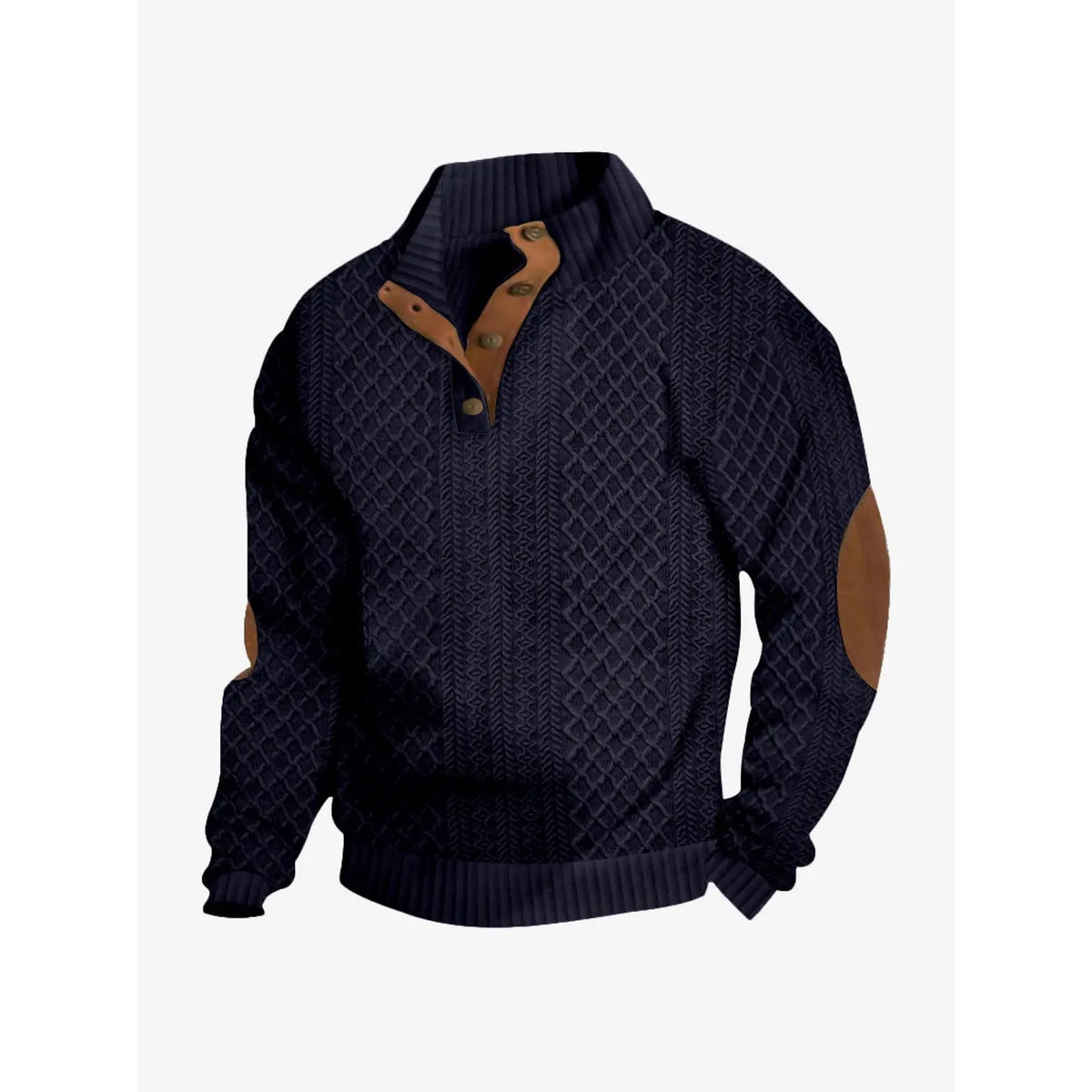 Men's Cable Knit Pullover Sweater with Quarter Button and Elbow Patches - Image 2