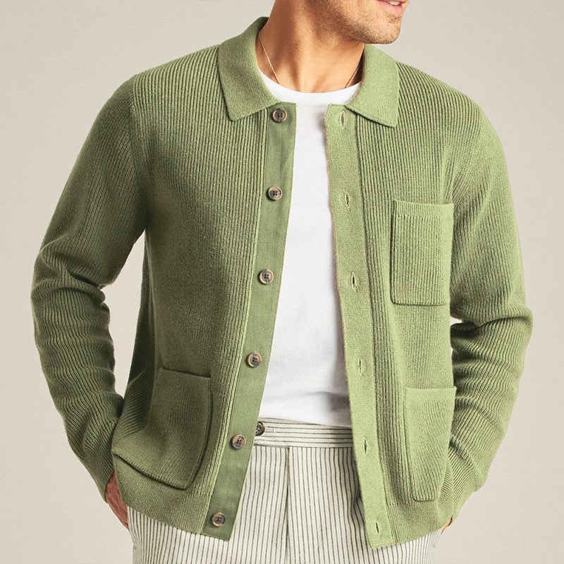 Men's Collared Knit Button Up Cardigan with Patch Pockets and Ribbed Cuffs - Image 3