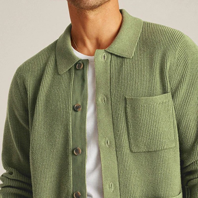 Men's Collared Knit Button Up Cardigan with Patch Pockets and Ribbed Cuffs - Image 4