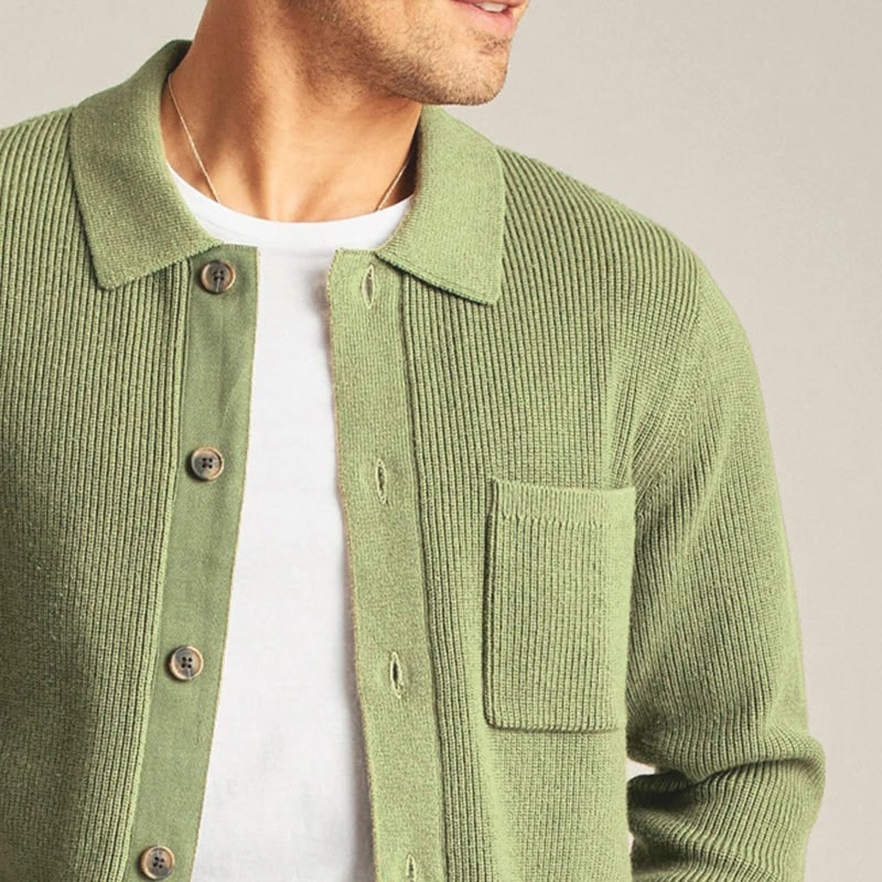 Men's Collared Knit Button Up Cardigan with Patch Pockets and Ribbed Cuffs - Image 5