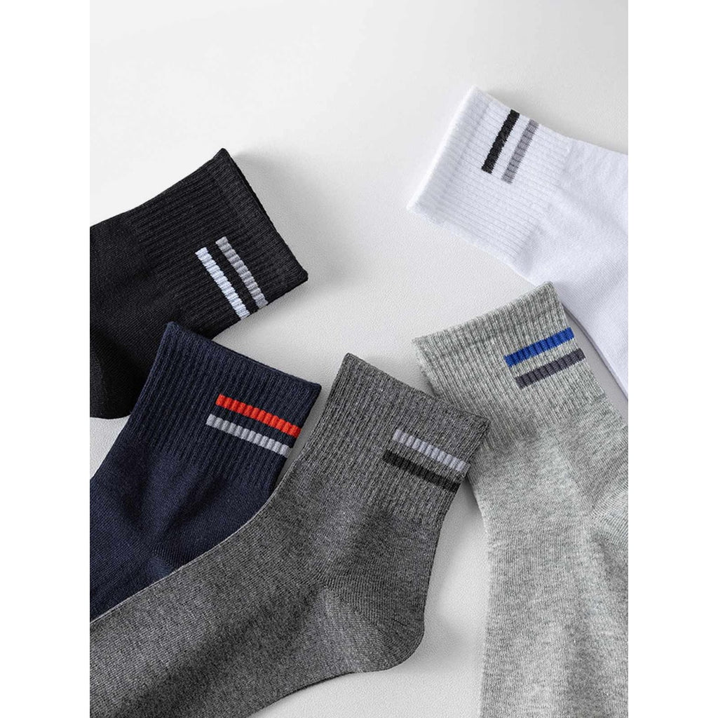 Men's Cotton Crew Socks 5-Pack with Ribbed Cuffs and Stripe Details - Image 5