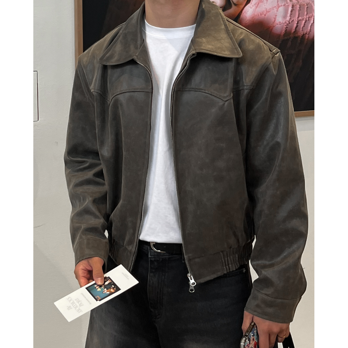 Men's Cropped Leather Jacket with Zip Closure and Elasticated Blouson Hem - Image 1