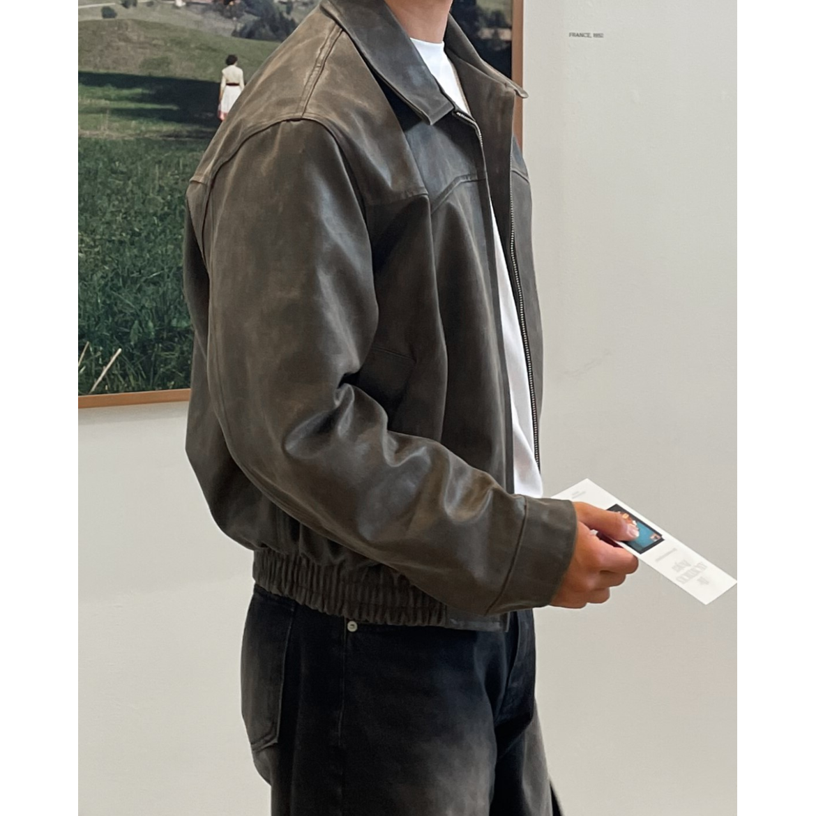Men's Cropped Leather Jacket with Zip Closure and Elasticated Blouson Hem - Image 2