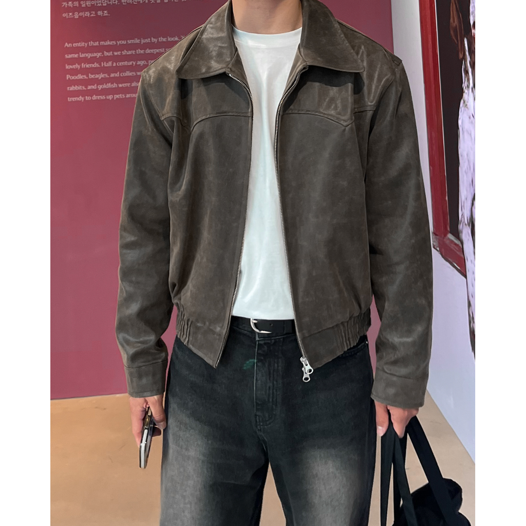 Men's Cropped Leather Jacket with Zip Closure and Elasticated Blouson Hem - Image 3