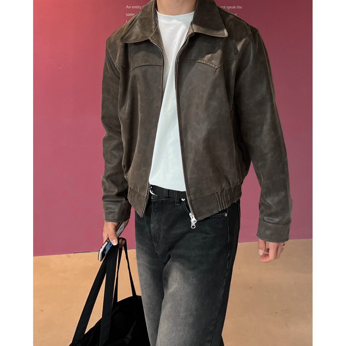 Men's Cropped Leather Jacket with Zip Closure and Elasticated Blouson Hem - Image 4