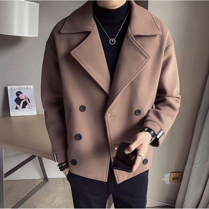 Men's Cropped Trench Coat Double Breasted with Notched Lapels and Striped Cuffs - Image 1