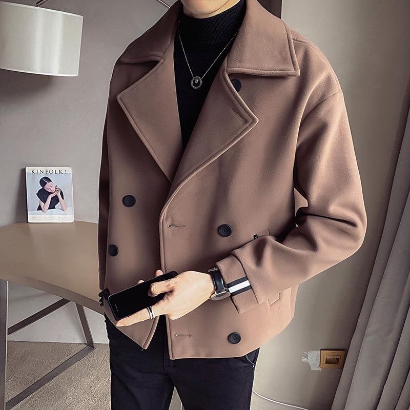 Men's Cropped Trench Coat Double Breasted with Notched Lapels and Striped Cuffs - Image 2