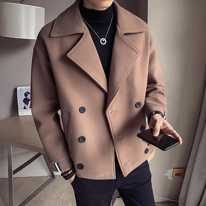 Men's Cropped Trench Coat Double Breasted with Notched Lapels and Striped Cuffs - Image 3