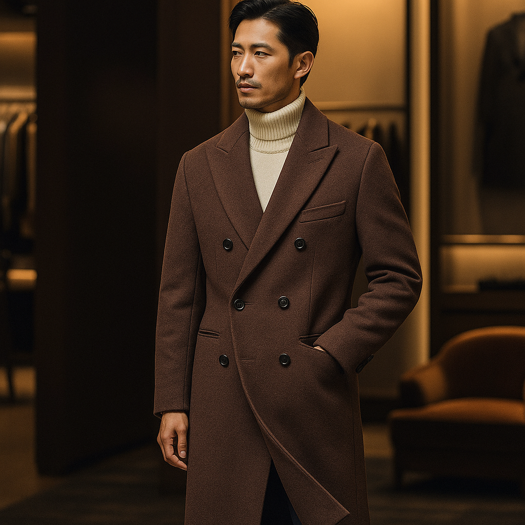 Men's Double-Breasted Wool Blend Overcoat with Peak Lapels - Image 2