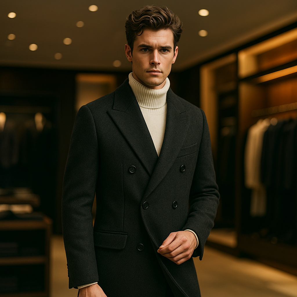 Men's Double-Breasted Wool Blend Overcoat with Peak Lapels - Image 4
