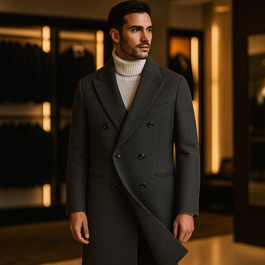 Men's Double-Breasted Wool Blend Overcoat with Peak Lapels - Image 5