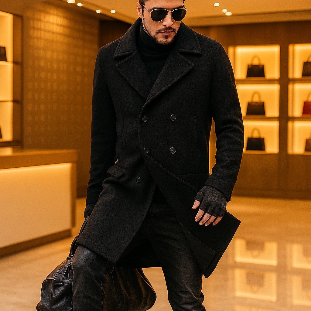 Men's Double Breasted Wool Overcoat with Notched Lapels and Welt Pockets - Image 2