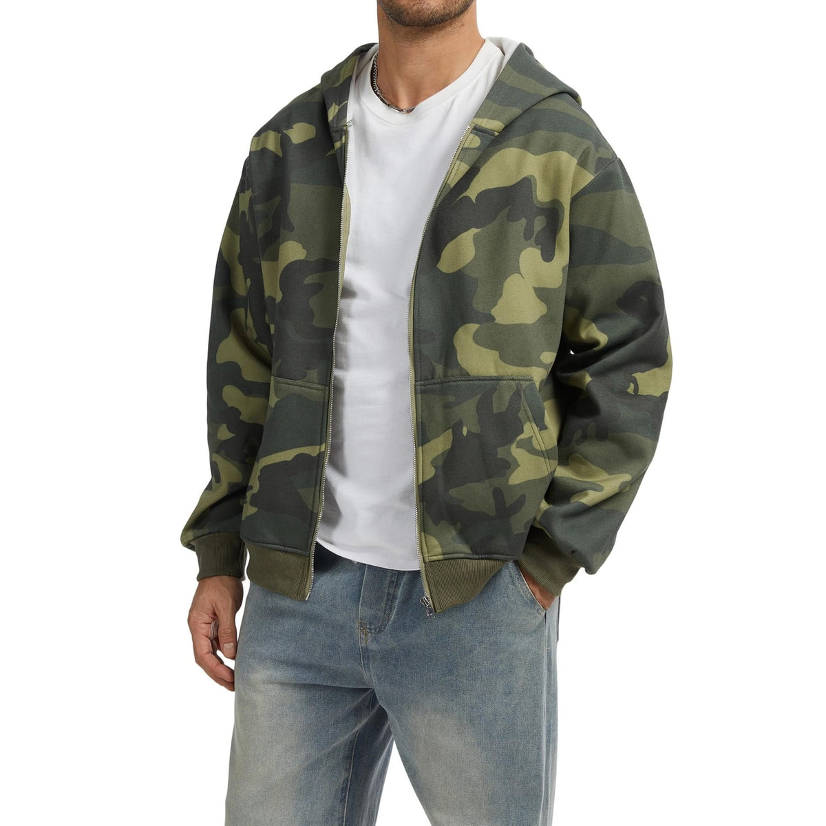 Men's Full Zip Up Hoodie Sweatshirt Jacket with Patterned Print and Dropped Shoulders - Image 4