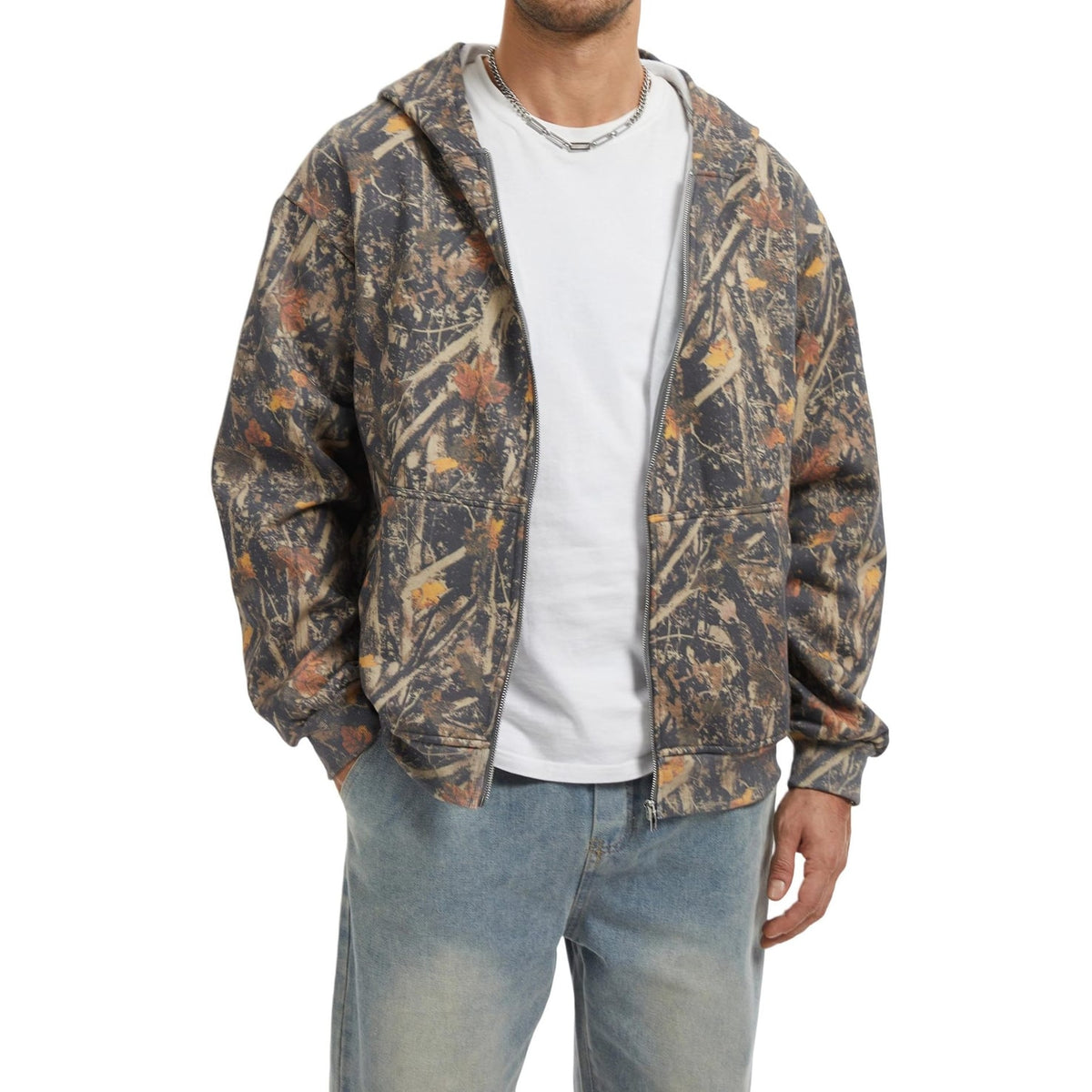 Men's Full Zip Up Hoodie Sweatshirt Jacket with Patterned Print and Dropped Shoulders - Image 9