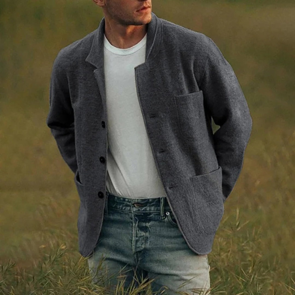Men's Knit Blazer Cardigan with Notched Lapel and Patch Pockets - Image 2