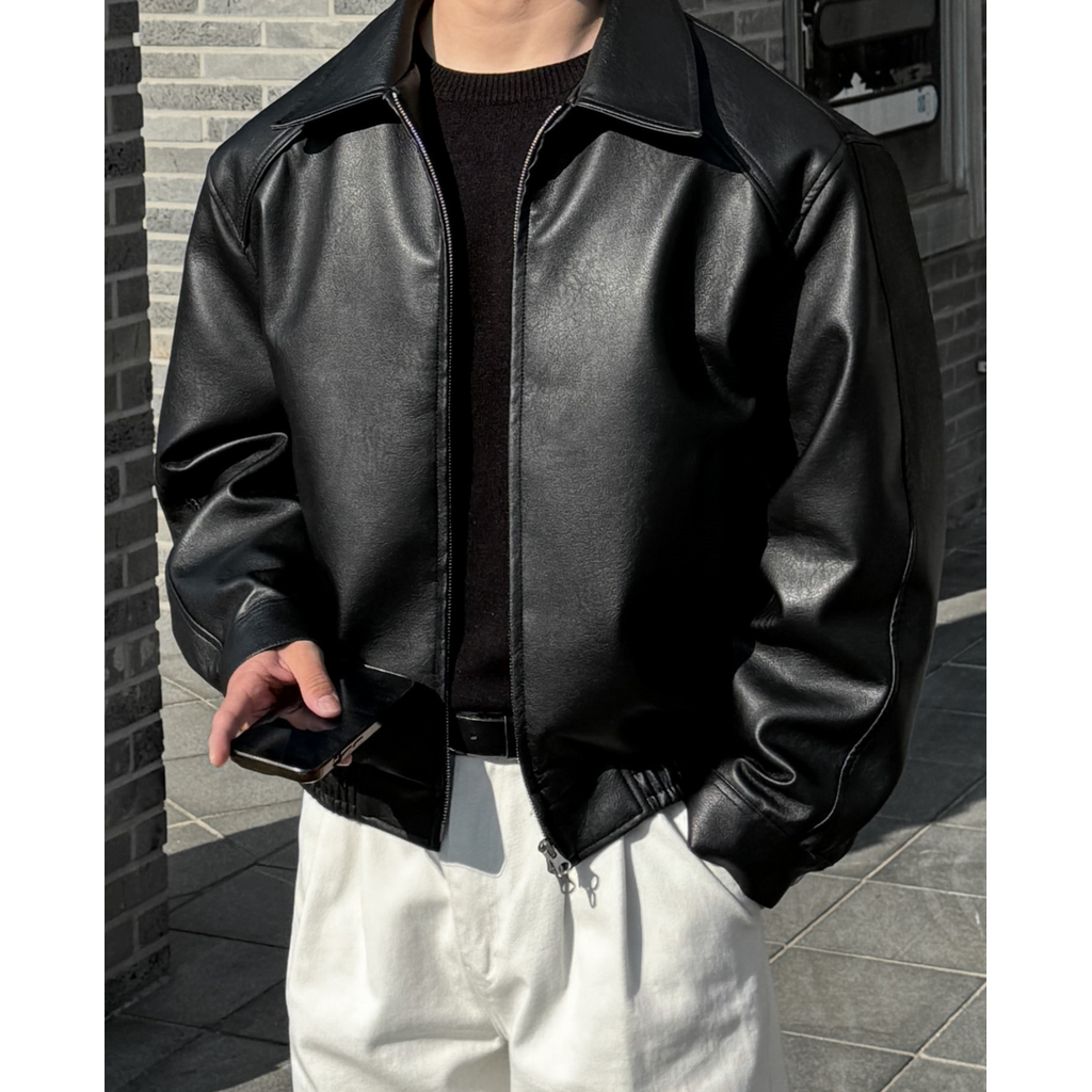 Men's Leather Bomber Jacket with Pointed Collar and Zip Closure - Image 1