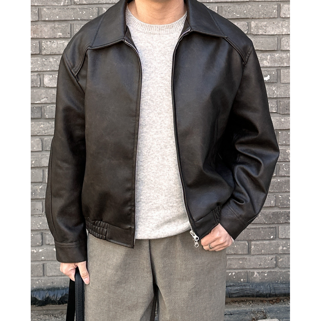 Men's Leather Bomber Jacket with Pointed Collar and Zip Closure - Image 7