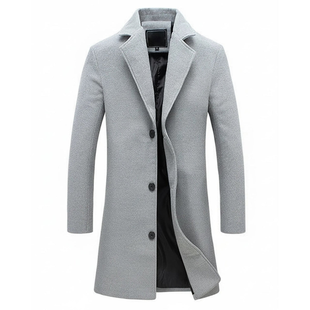 Men's Long Wool Overcoat with Notched Lapel and Single-Breasted Closure - Image 3