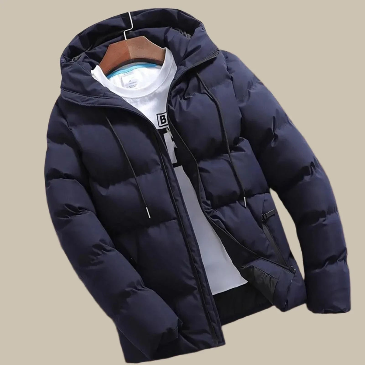 Men's Puffer Jacket with Quilted Design and Adjustable Drawstring Hood - Image 1