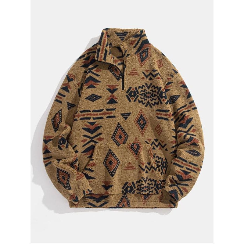 Men's Quarter Zip Fleece Pullover with Sherpa Geometric Print and Kangaroo Pocket - Image 1