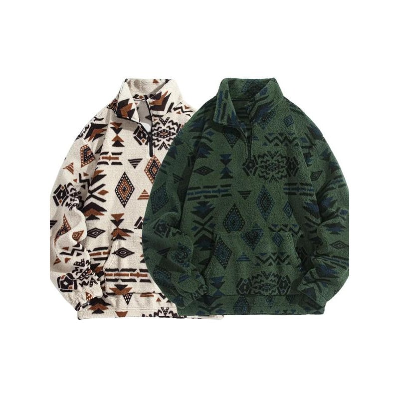 Men's Quarter Zip Fleece Pullover with Sherpa Geometric Print and Kangaroo Pocket - Image 2