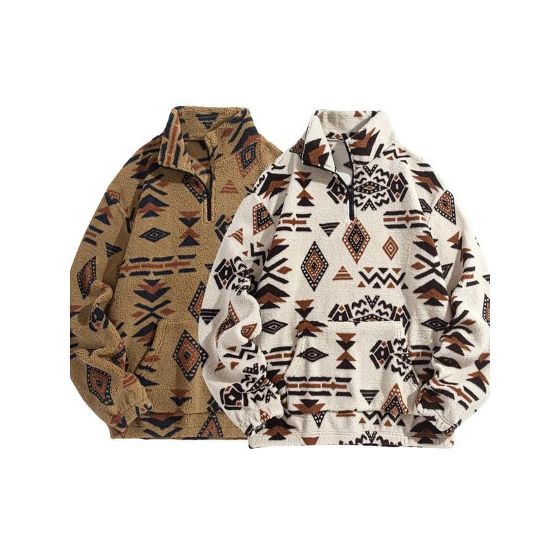 Men's Quarter Zip Fleece Pullover with Sherpa Geometric Print and Kangaroo Pocket - Image 3
