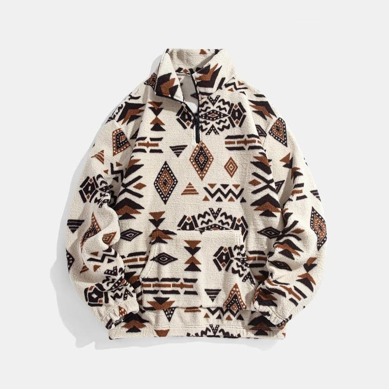 Men's Quarter Zip Fleece Pullover with Sherpa Geometric Print and Kangaroo Pocket - Image 4