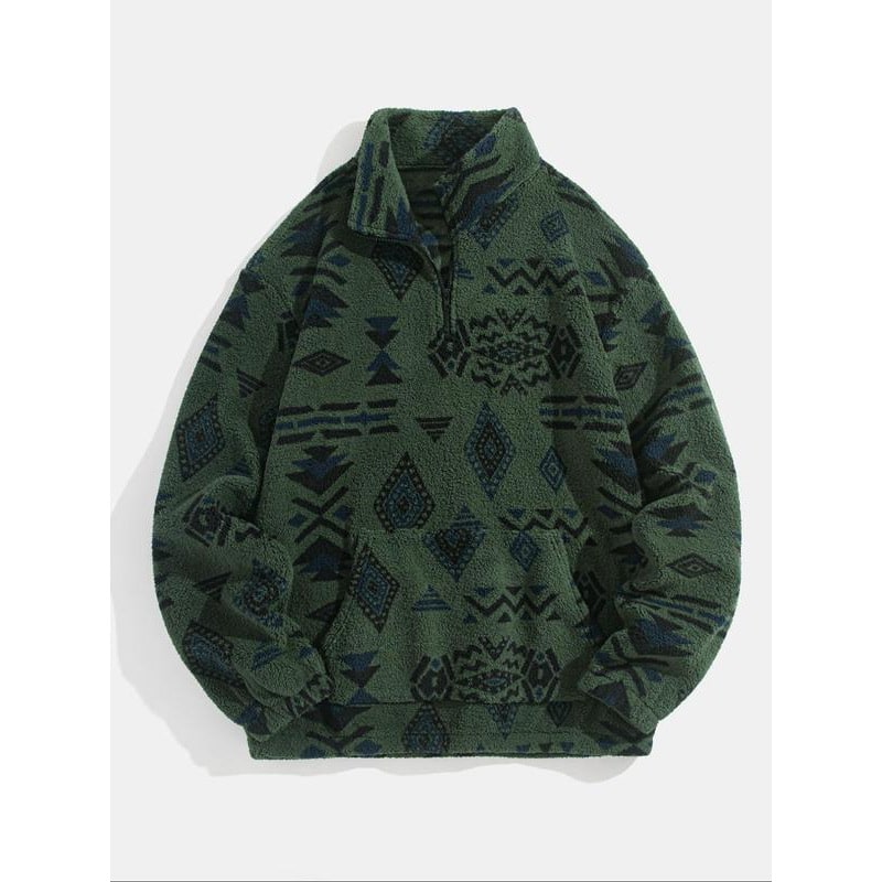 Men's Quarter Zip Fleece Pullover with Sherpa Geometric Print and Kangaroo Pocket - Image 5