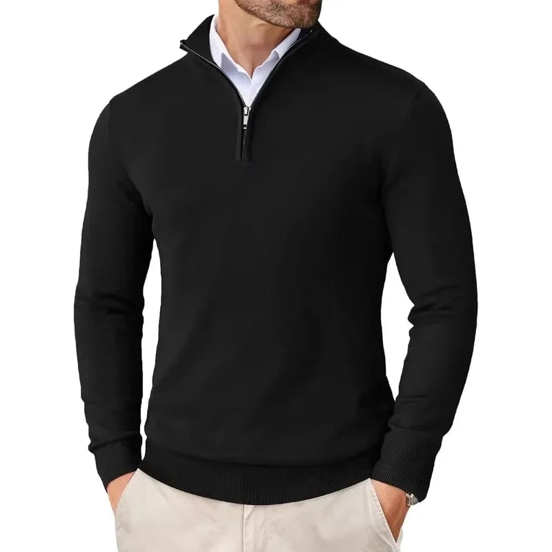 Men's Quarter Zip Sweater Jumper Pullover with Ribbed Funnel Neck and Metallic Zipper - Image 1