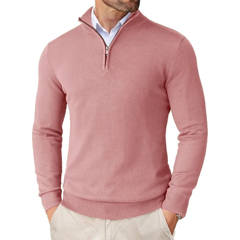 Men's Quarter Zip Sweater Jumper Pullover with Ribbed Funnel Neck and Metallic Zipper - Image 2