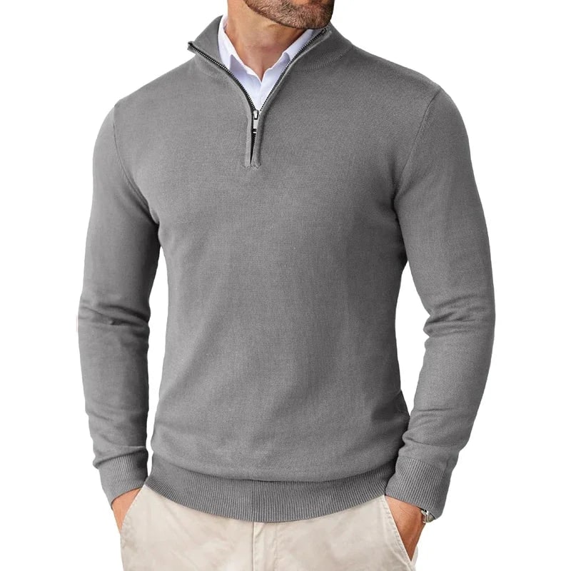 Men's Quarter Zip Sweater Jumper Pullover with Ribbed Funnel Neck and Metallic Zipper - Image 4