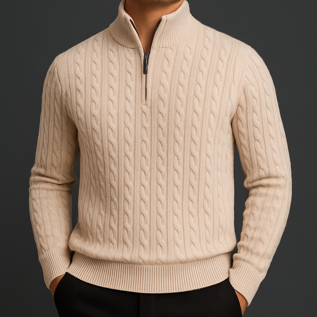Men's Quarter Zip Sweater with Wool Blend and Ribbed Collar - Image 1