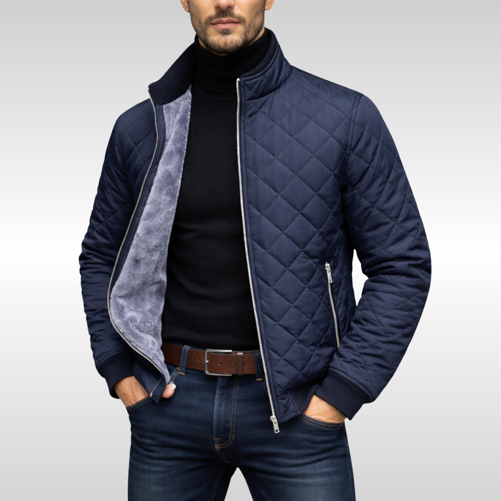 Men's Quilted Puffer Fleece Lined Bomber Jacket with Stand Collar - Image 1