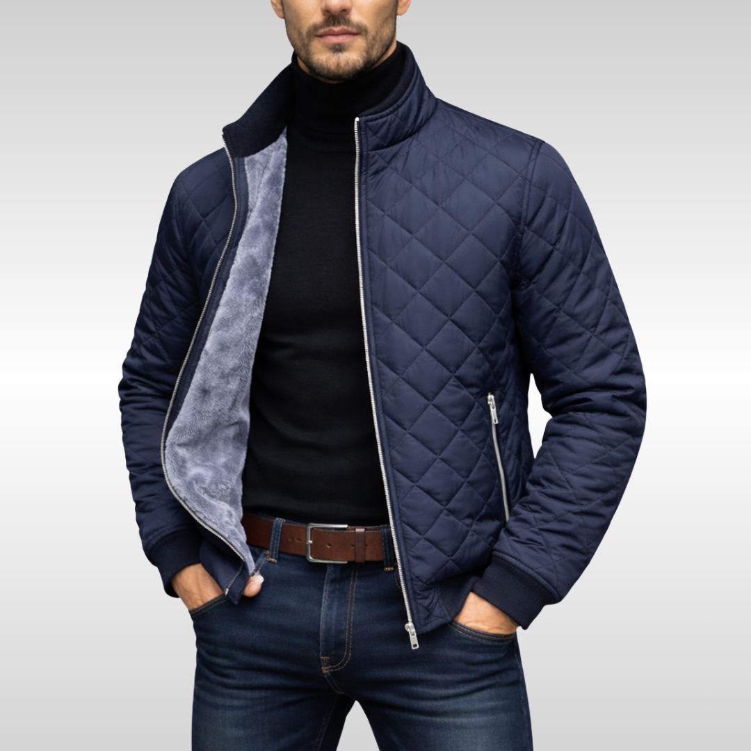 Men's Quilted Puffer Fleece Lined Bomber Jacket with Stand Collar - Image 1