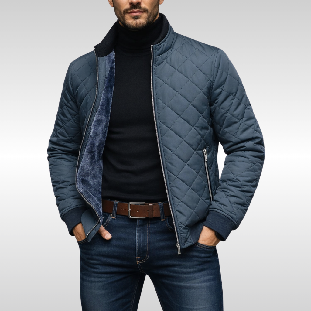 Men's Quilted Puffer Fleece Lined Bomber Jacket with Stand Collar - Image 2