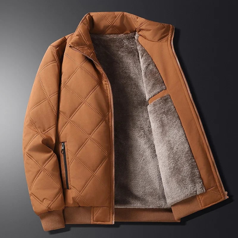 Men's Quilted Puffer Fleece Lined Jacket with Stand Collar and Zipper Pockets - Image 1