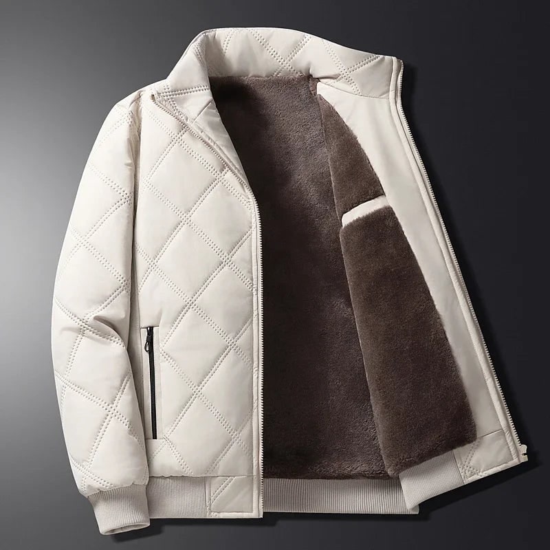 Men's Quilted Puffer Fleece Lined Jacket with Stand Collar and Zipper Pockets - Image 3