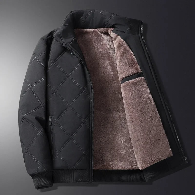 Men's Quilted Puffer Fleece Lined Jacket with Stand Collar and Zipper Pockets - Image 4