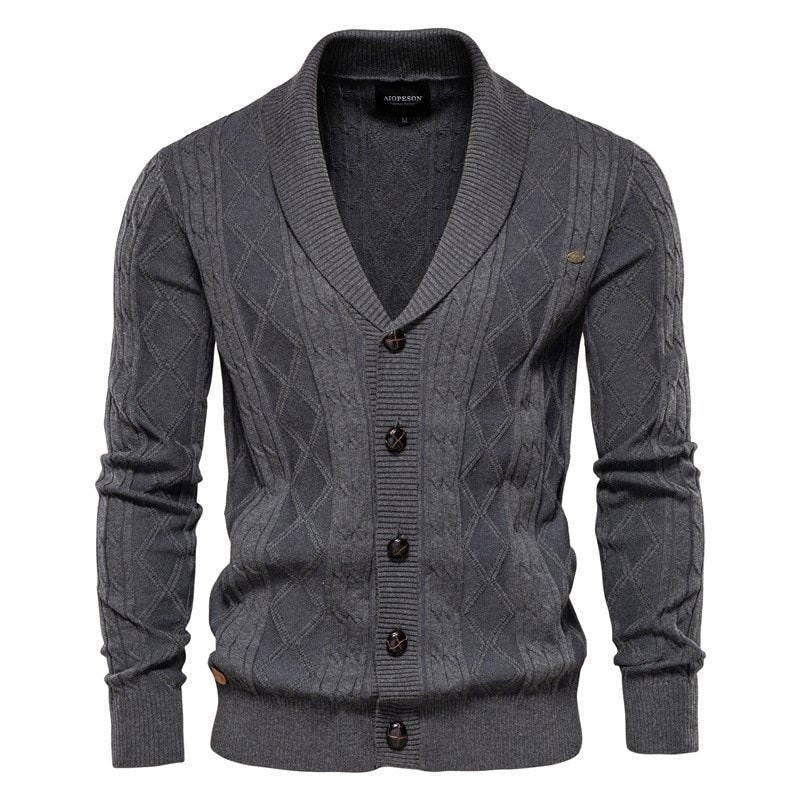 Men's Shawl Collar Cable Knit Cardigan Sweater with Button-Up Front and V-Neck - Image 2