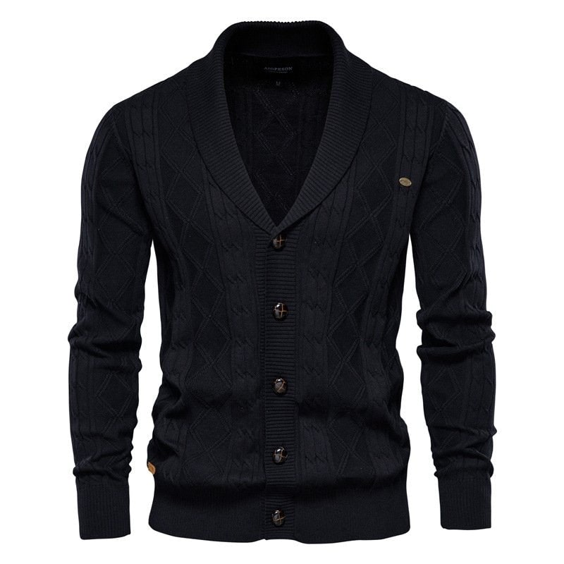 Men's Shawl Collar Cable Knit Cardigan Sweater with Button-Up Front and V-Neck - Image 3