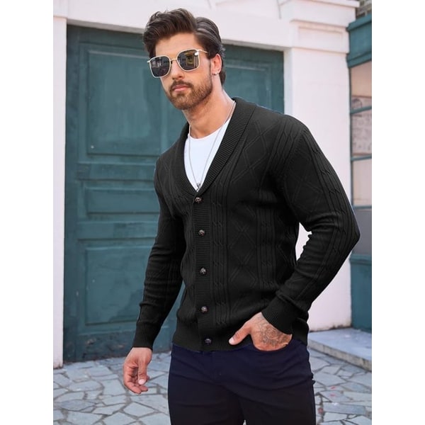 Men's Shawl Collar Cable Knit Cardigan Sweater with Button-Up Front and V-Neck - Image 4