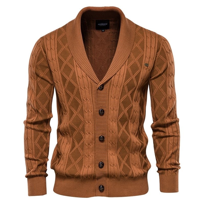 Men's Shawl Collar Cable Knit Cardigan Sweater with Button-Up Front and V-Neck - Image 6